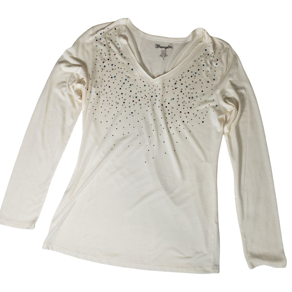 Wrangler Womens Small Cream V-Neck Long Sleeve Rhinestone Western Top LWK420N